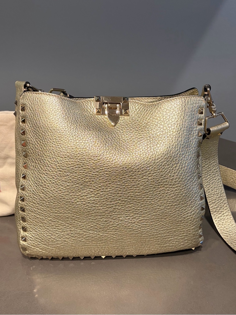 Valentino Metallic Gold Leather Stud-Trim Small Hobo Shoulder Bag